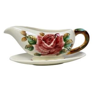 Lefton Americana Rose Pottery Gravy Boat Attached Underplate Japan
